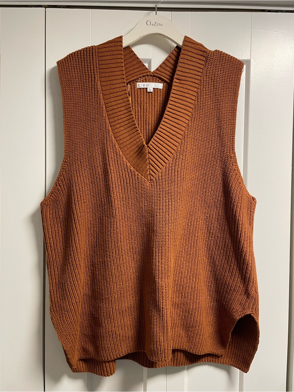 Cleo V-Neck Ribbed Knit Sweater Vest in Brown XL